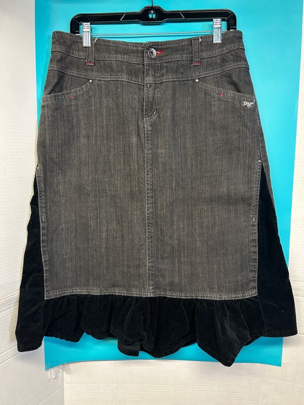 Point Zéro Black & Charcoal Denim-Blend High-Low Ruffle Skirt
